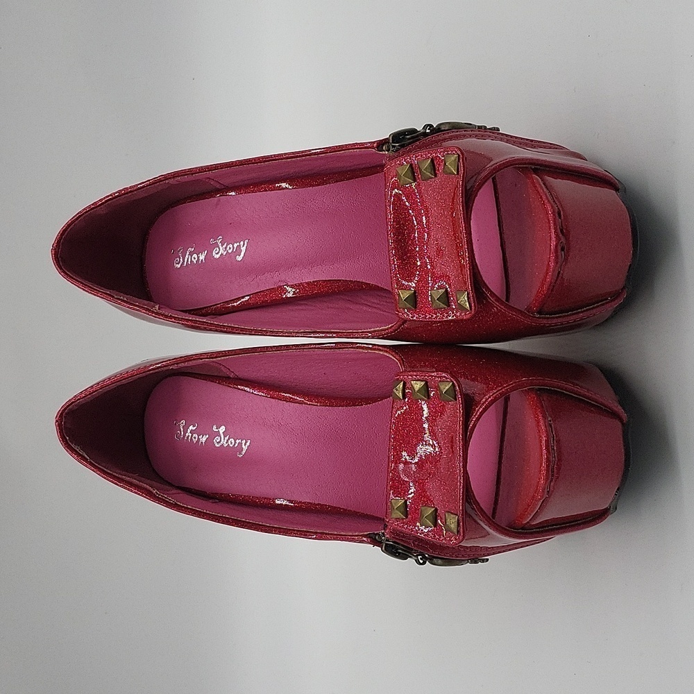 37- Show Story Skull Heel Pink Glitter Platform Heels Sz 10 Open Toe Studded - Picture 4 of 14